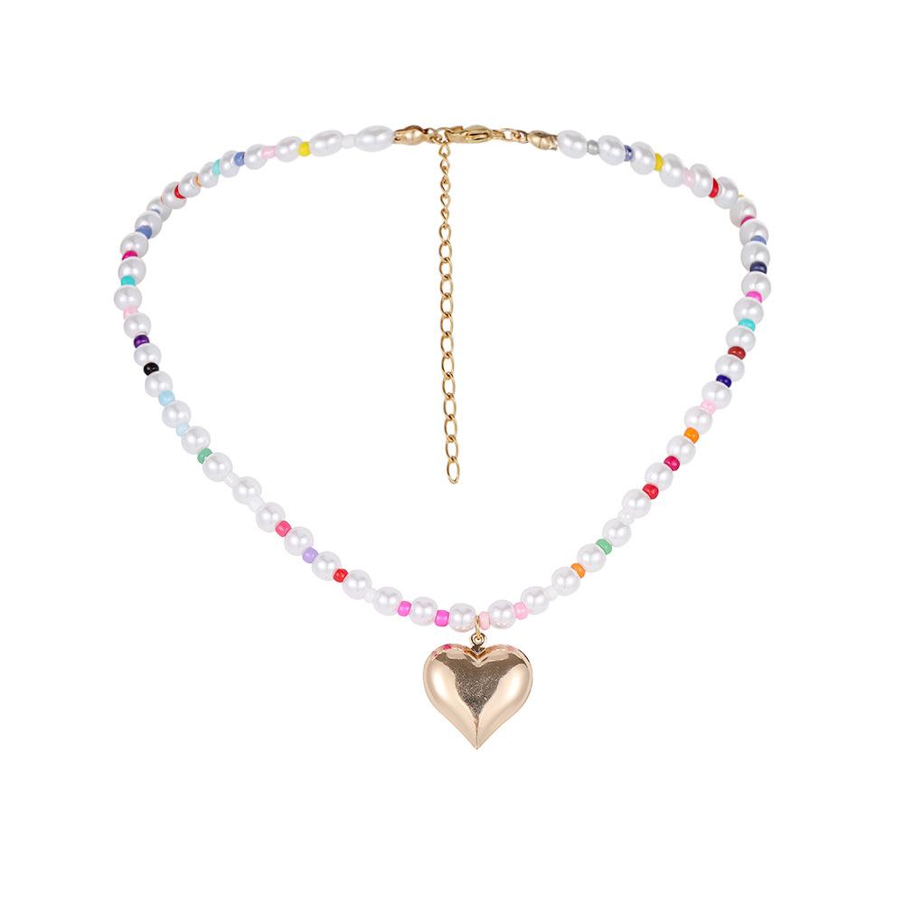 Bohemian colorful rice beads pearl heart rainbow short necklace collarbone chain necklace cute fashion all-match accessories