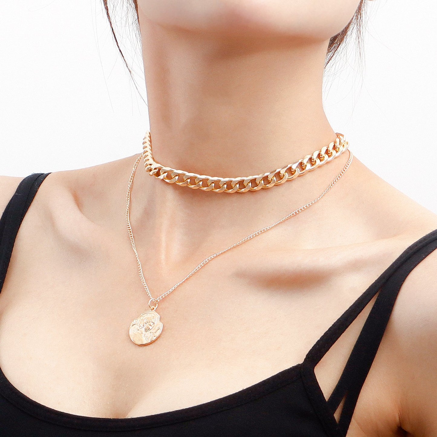 Jewelry retro double-layer geometric aluminum chain knight shield pendant necklace female ins niche