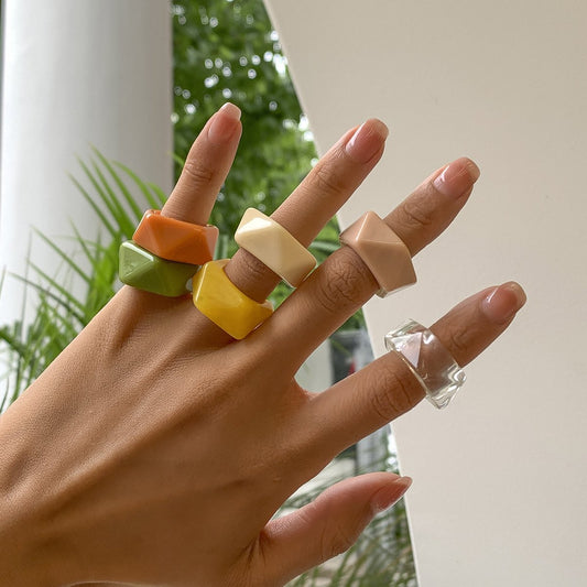 Trendy colorful acrylic plain ring fashion simple geometric rhombus resin ring jewelry