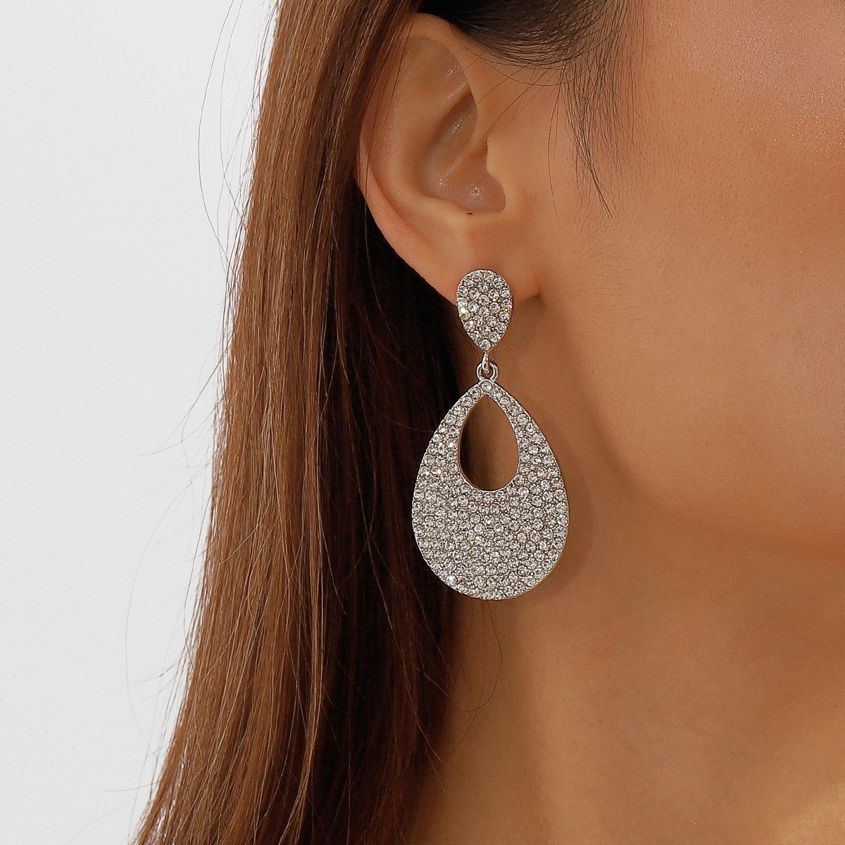 E1143 Exaggerated drop-shaped earrings full of diamond temperament personality retro geometric hollow fashion earrings