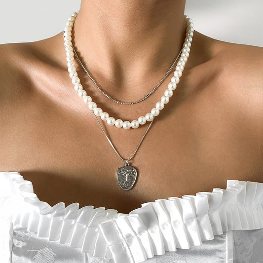 Jewelry Temperament Imitation Pearl Portrait Set Necklace Female Retro Thin Chain Stacked Geometric Necklace