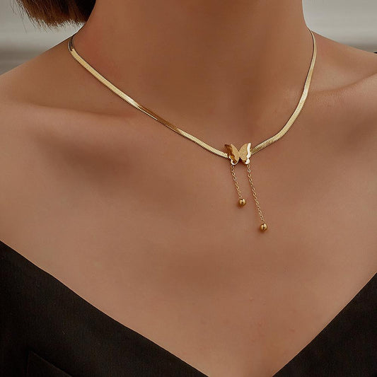 Jewelry niche light luxury stainless steel real gold matte butterfly pendant exquisite tassel snake bone chain collarbone necklace