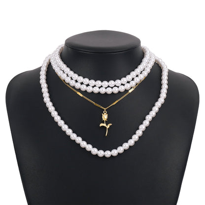 N1475 French light luxury romantic rose necklace imitation pearl stacked with personality temperament lady collarbone necklace
