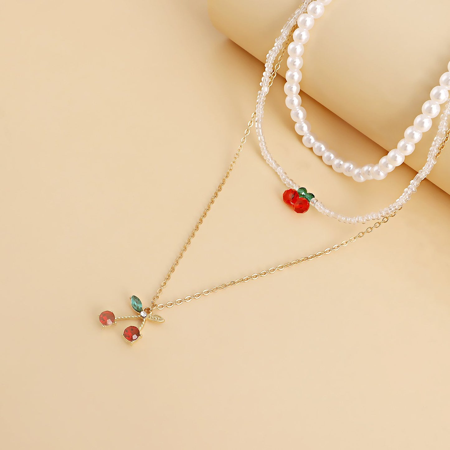 Jewelry fashion double red cherry pendant necklace female imitation pearl necklace ins necklace