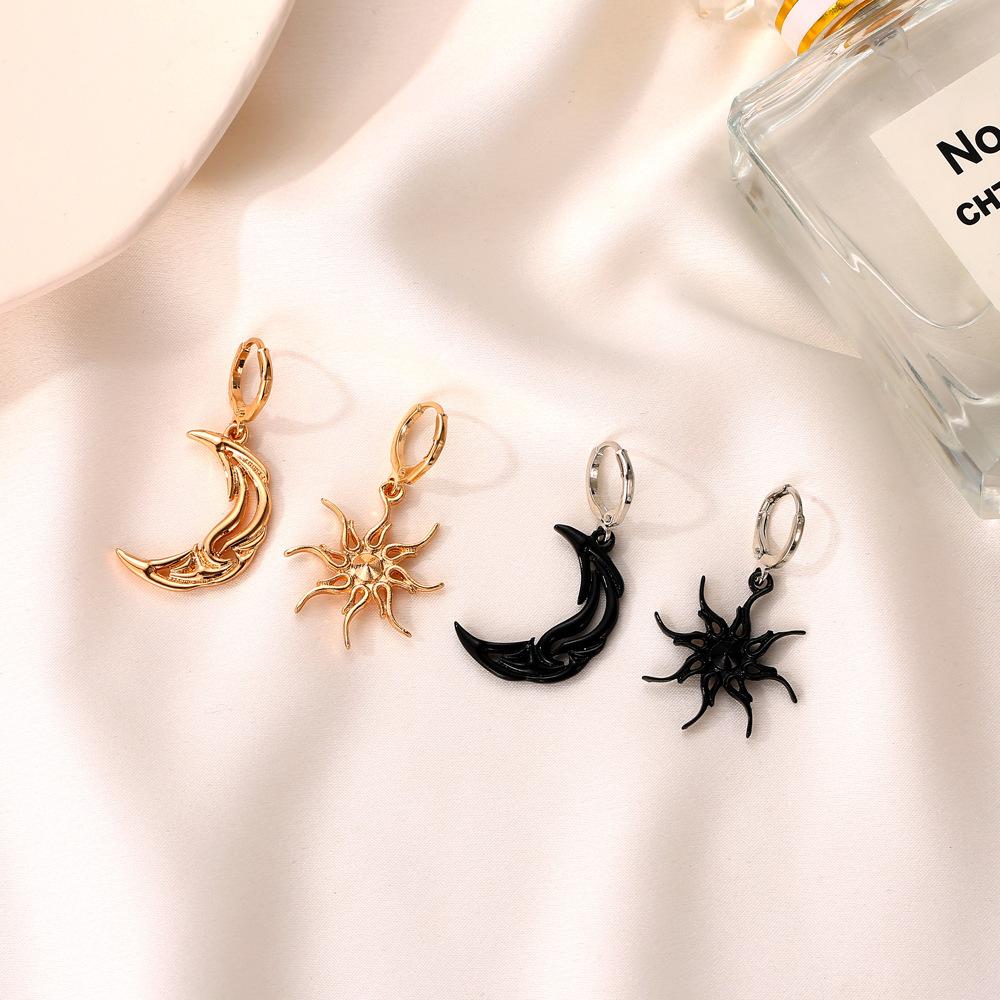 Simple sun and moon earrings personality asymmetrical abstract earrings short hollow star and moon earrings