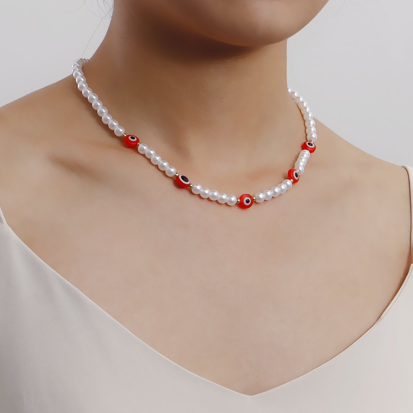 Jewelry Simple Acrylic Devil's Eye Stitching Clavicle Chain Retro Imitation Pearl Beaded Necklace