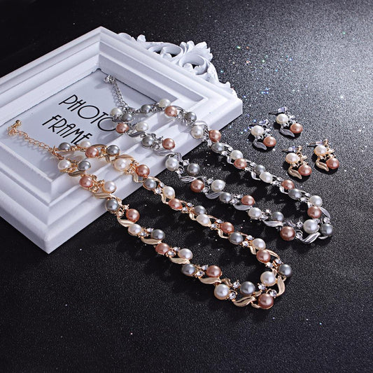 2 Imitation Pearl Necklace Earrings Set Lady Temperament Versatile Jewelry Set