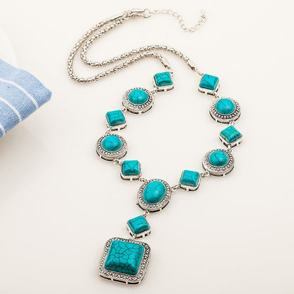 Jewelry Turquoise Necklace Retro Rhombus Round Geometric Shape Alloy Necklace