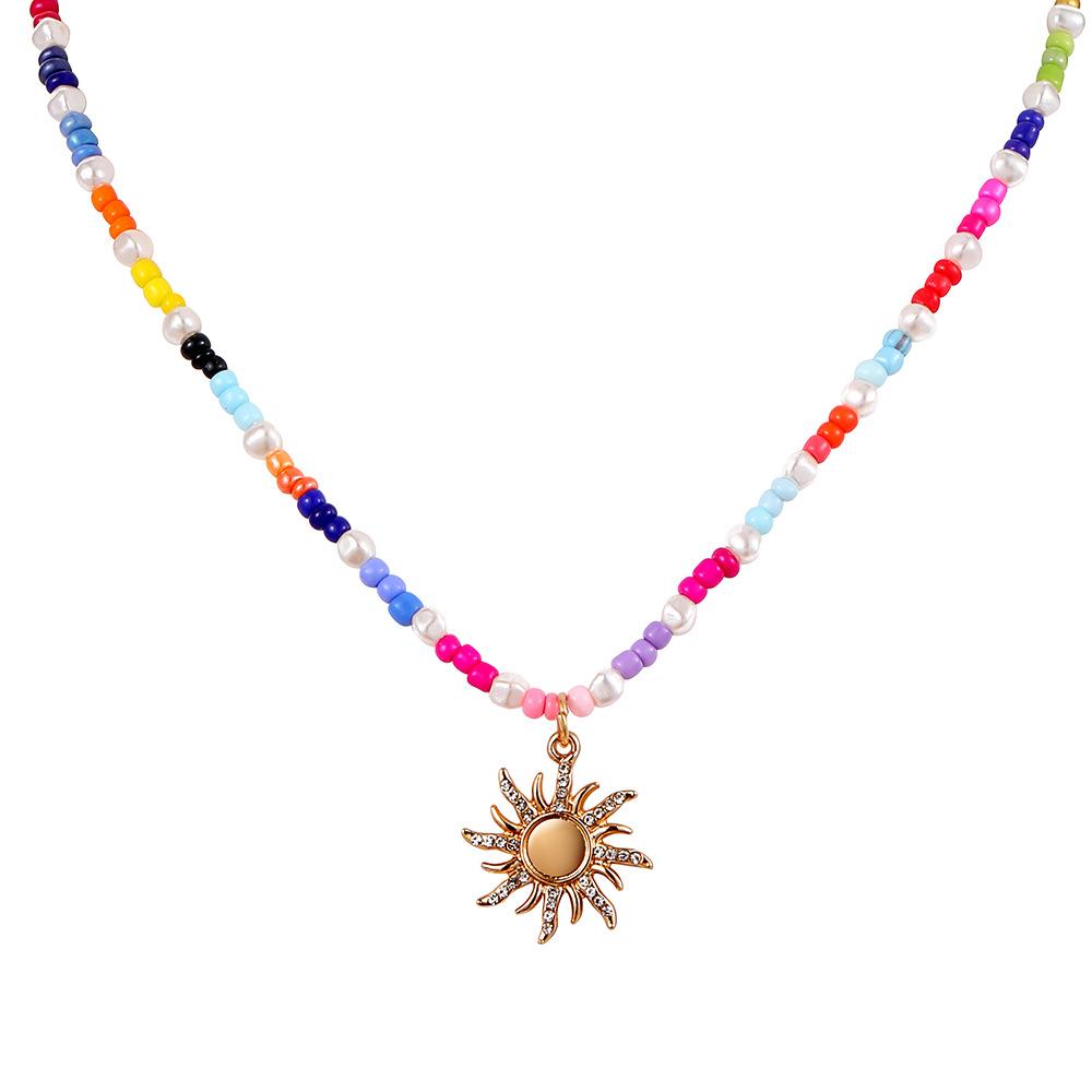 Summer ins ladies short choker stainless steel coin turquoise pearl sun necklace