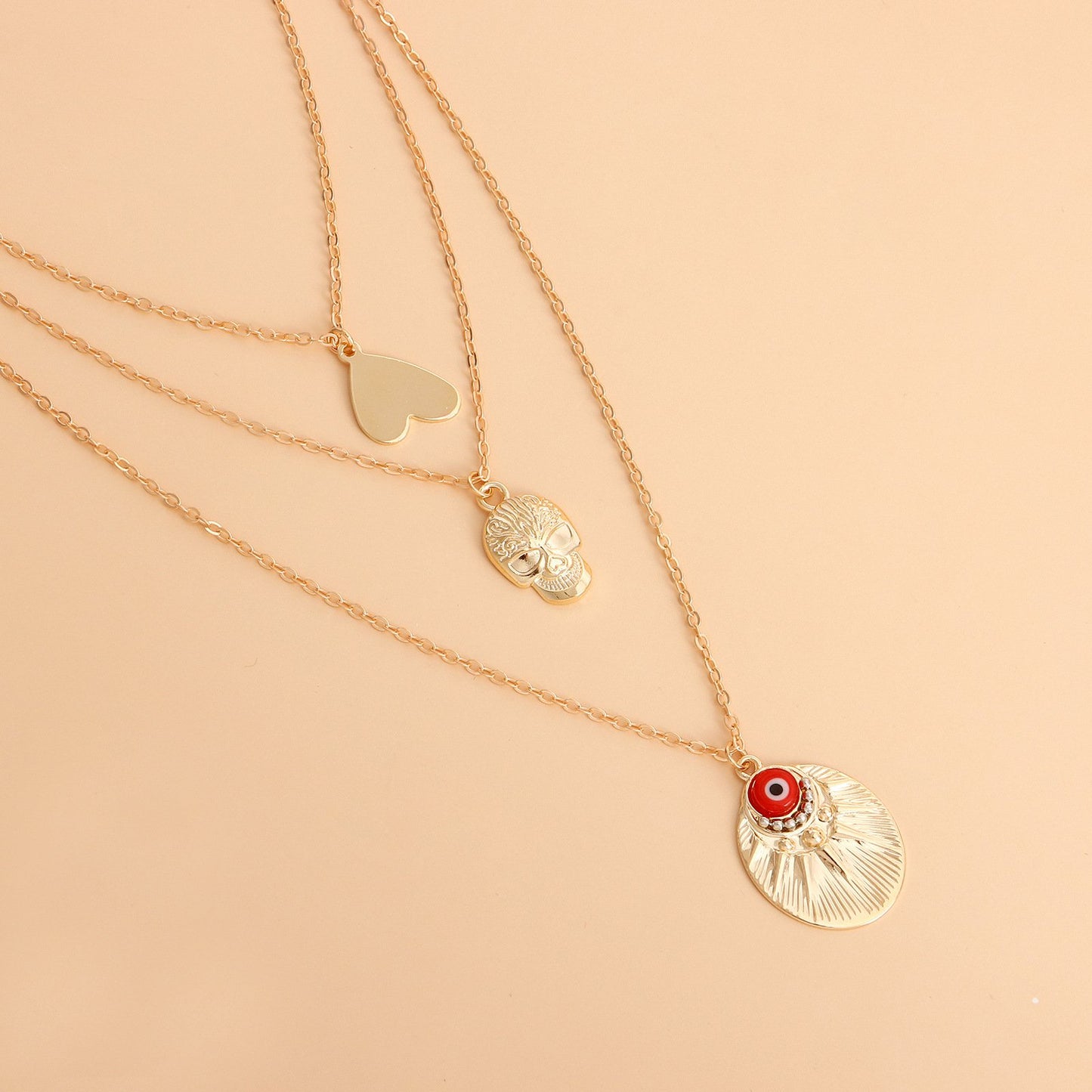 Creative Jewelry Fashion Simple Multilayer Skull Necklace Female Retro Alloy Heart Pendant Necklace