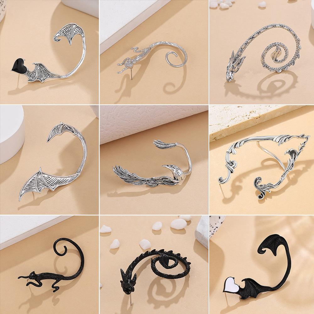 Retro punk elf flying dragon ear hanging single creative metal cat bat without hole ear bone clip