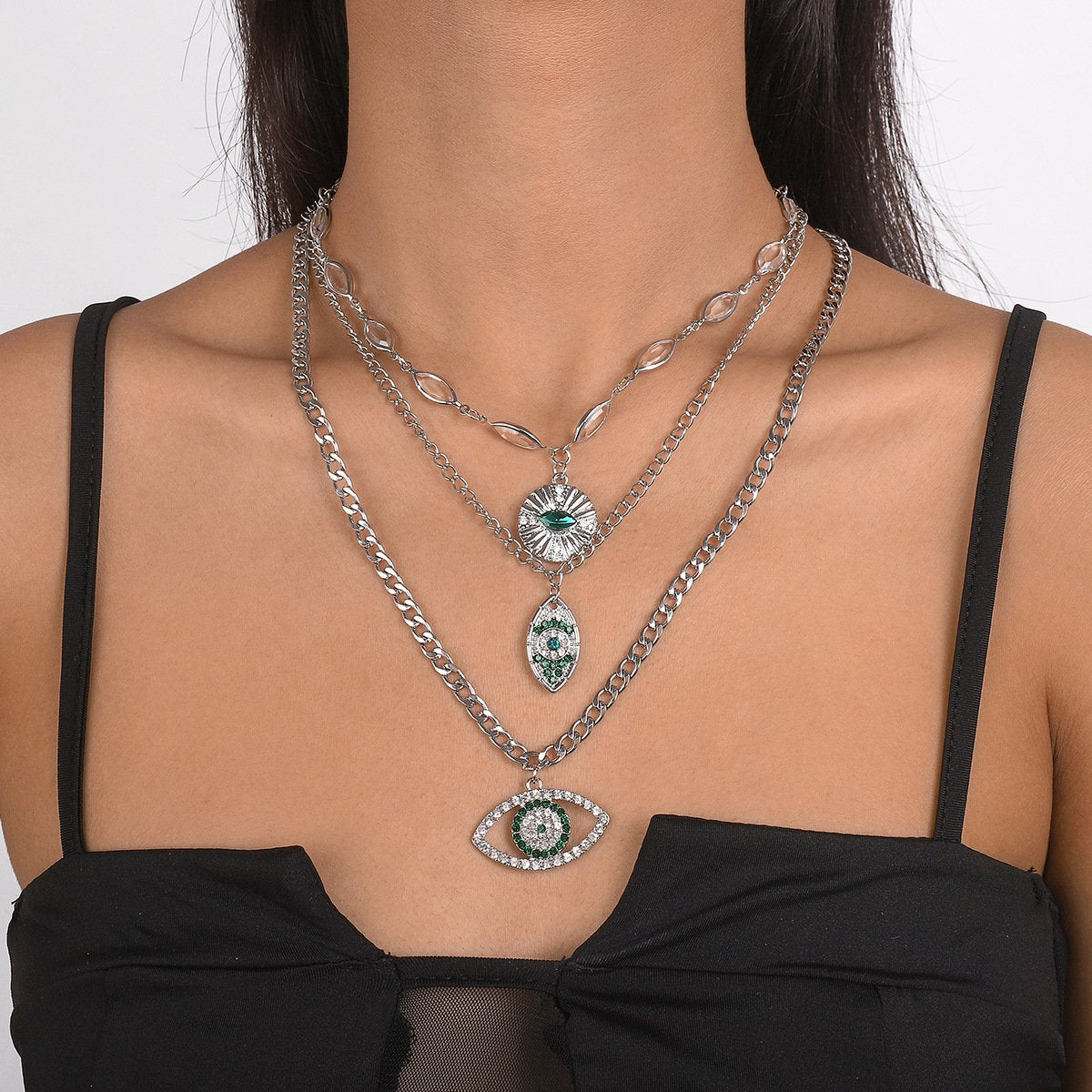 N1746 Multilayer Exaggerated Necklace Devil's Eye Micro-inlaid Rhinestone Resin Personality Creative Necklace