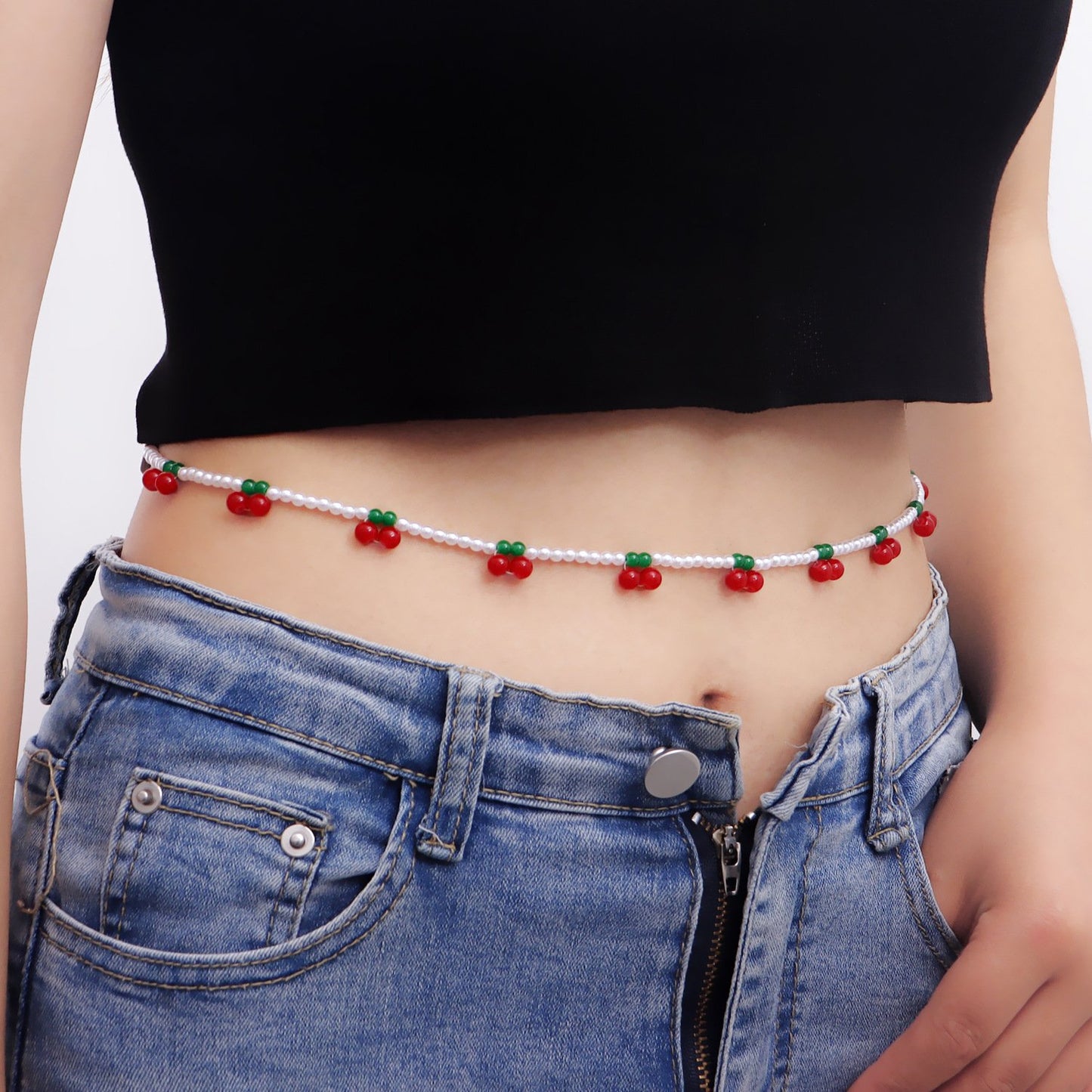 Jewelry ethnic red cherry imitation pearl ins waist chain beaded accessories women's street trendy hot girl waist decoration