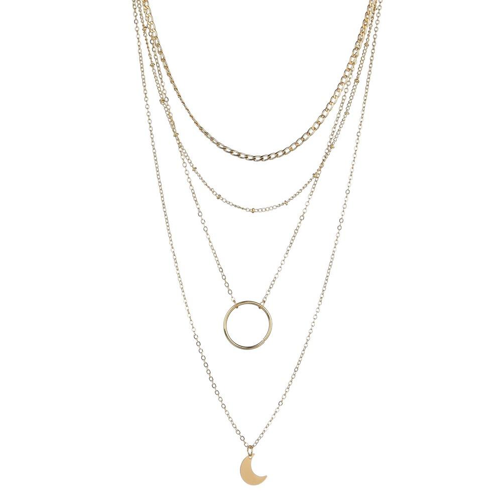 Fashion Circle Moon Pendant Necklace Retro Fashion Multilayer Thin Chain Necklace Accessories