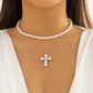 Jewelry Personality Metal Thin Chain Necklace Simple Double Layer Imitation Pearl Cross Necklace Female