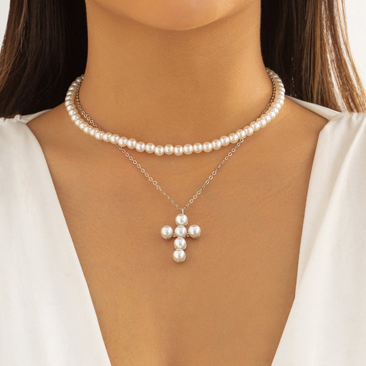 Jewelry Personality Metal Thin Chain Necklace Simple Double Layer Imitation Pearl Cross Necklace Female