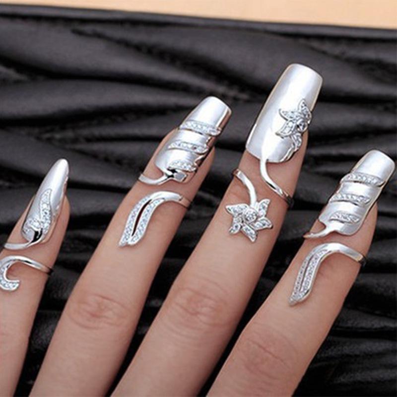 Fashion Cute Cat Pearl Nail Manicure Joint Ring Four Pieces Jewelry Set