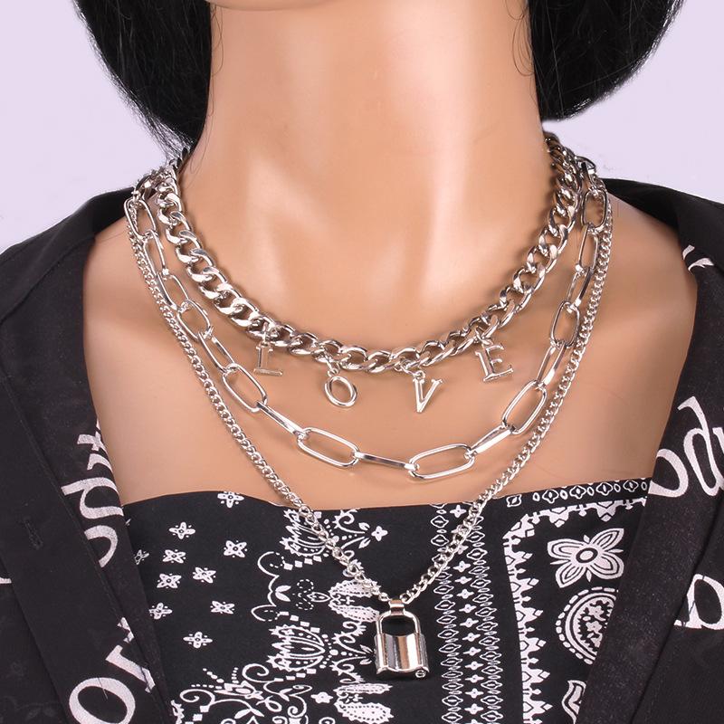 Jewelry multi-layer exaggerated creative chain necklace collarbone chain letter padlock-shaped necklace female