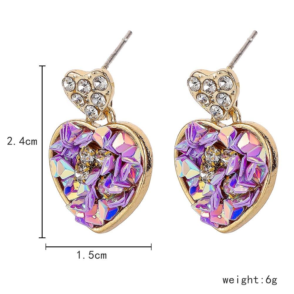 Purple Heart Earrings Full of Diamonds Elegant Peach Heart Pendant Versatile Earrings Jewelry
