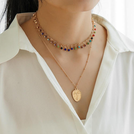 Jewelry Bohemian Creative Handmade Diamond Necklace Personality Metal Face Double Layer Necklace