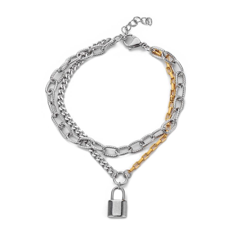 Hong Kong titanium steel hand jewelry ins simple creative two-color chain lock pendant double-layer bracelet street trend