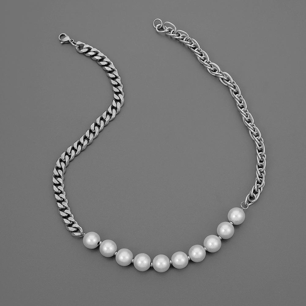 Trendy personality stainless steel high street reflective pearl splicing chain men and women necklace titanium steel fashion simple necklace
