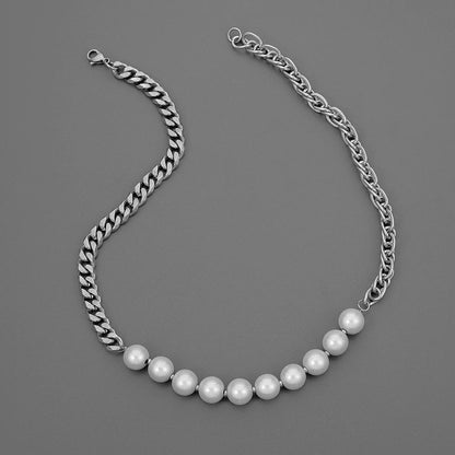 Trendy personality stainless steel high street reflective pearl splicing chain men and women necklace titanium steel fashion simple necklace