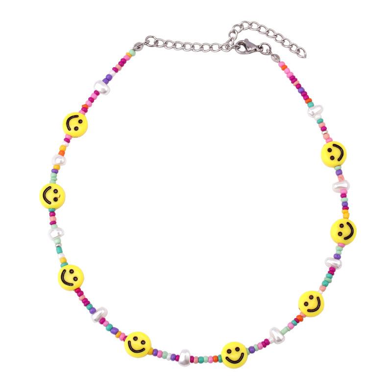 Handmade smiley face beaded necklace niche design ins cold net red same style