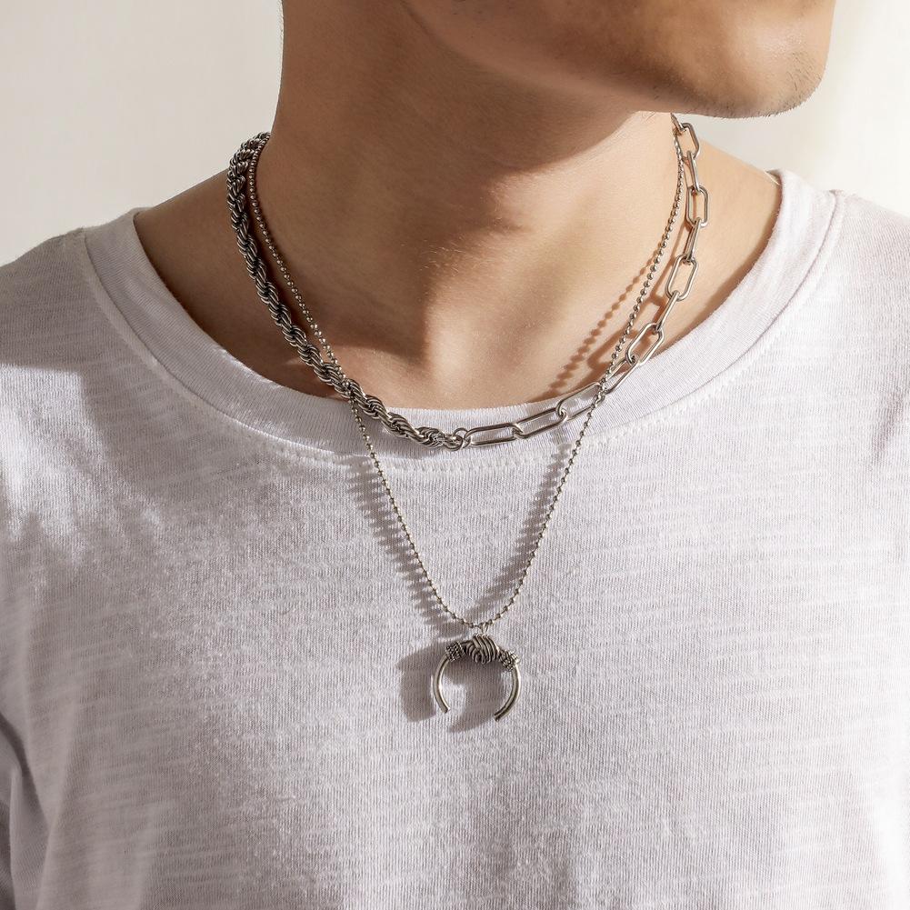Fashion cold stainless steel double horn moon pendant simple personality titanium steel necklace collarbone chain men