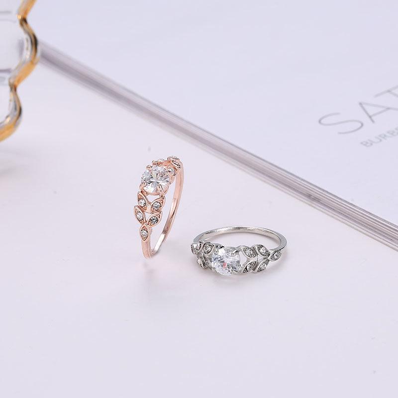 Temperament Diamond Feather Ring Leaf Zircon Ring Ladies Bridal Jewelry