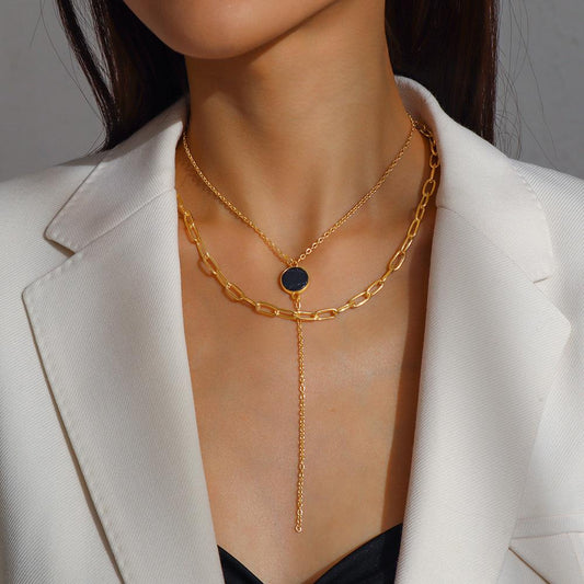 N9777 Long Necklace Female Metal Resin Simple Necklace Small Geometric Indifferent Stacking Back Chain