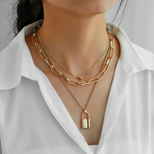 Hip Hop Necklace Personality Hipster Heart Lock Pendant Fashion Three Layers Metal Necklace