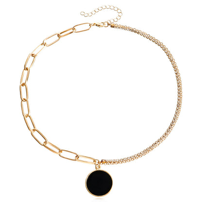 Jewelry trendy stitching claw diamond chain sweater chain accessories geometric round black mother-of-pearl pendant necklace