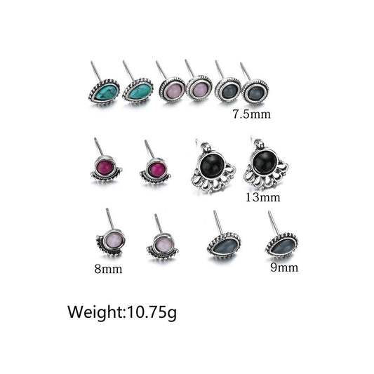 Fashion Retro Resin Alloy Small Stud Earrings Water Drop Oval Geometric Multi-Piece Set Earring Accessories