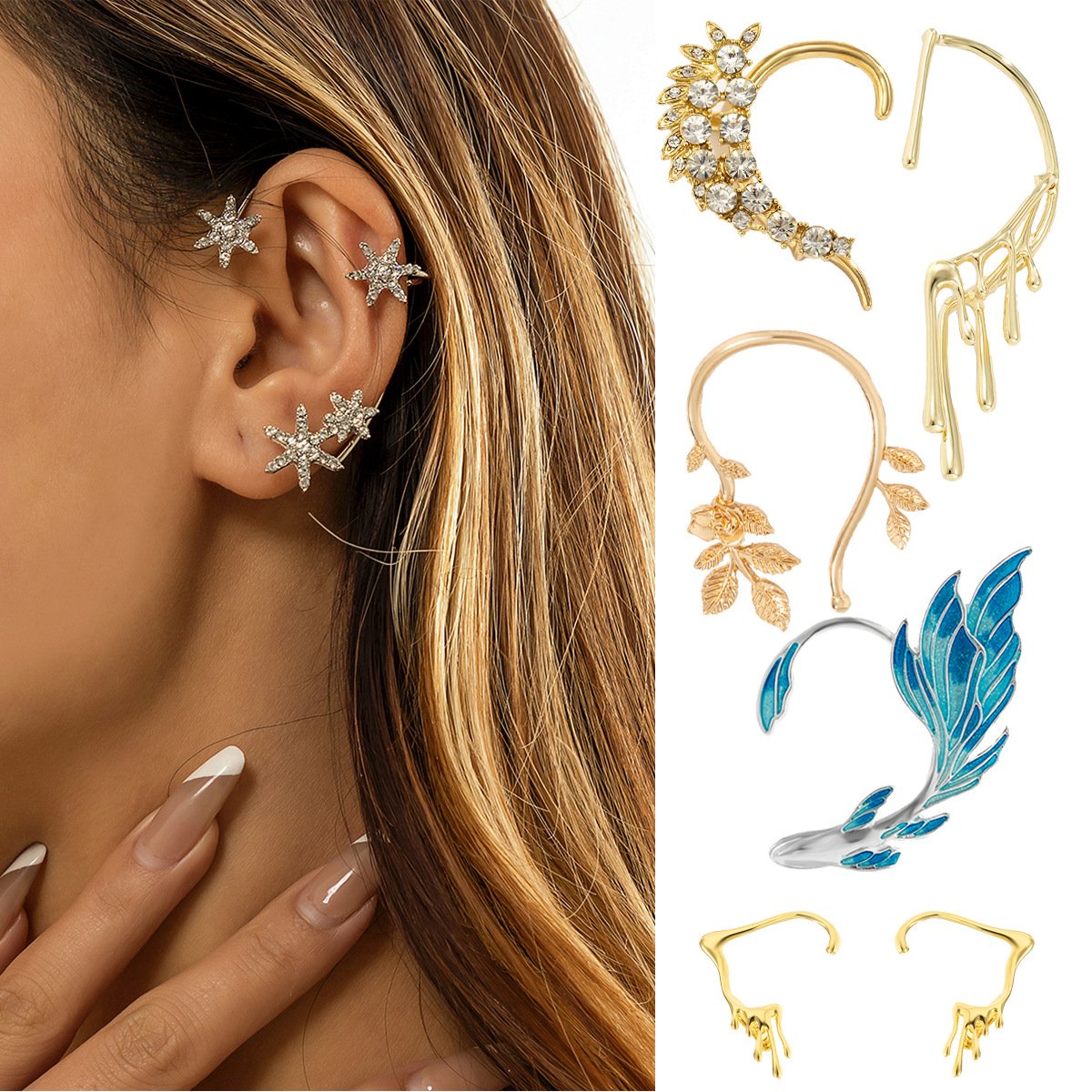 Jewelry Personality Micro-inlaid Rhinestone Single Earring Creative Fishtail Three-dimensional Outline Elf Stud Earrings Female