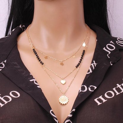 Explosive Jewelry Simple Fashion Peach Heart Sunflower Multilayer Necklace Design Sense of Stacking Necklace Women
