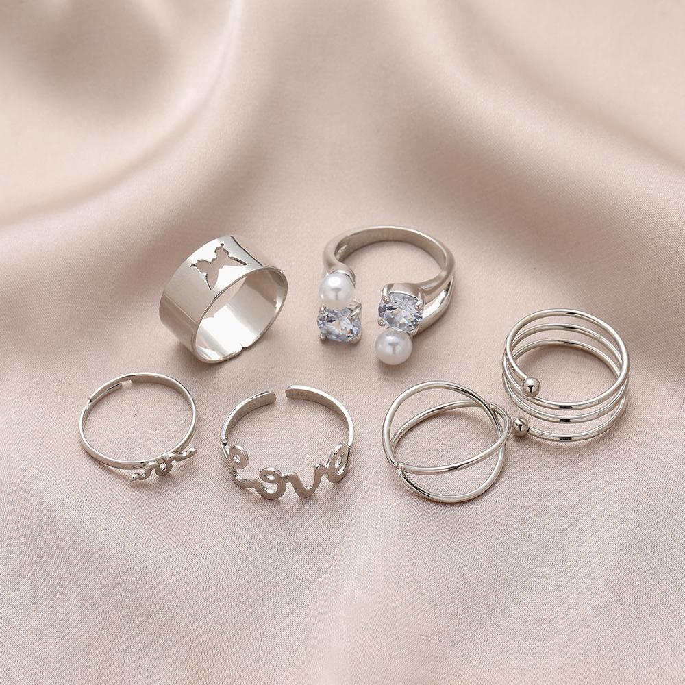 Fashion Retro Butterfly Love Snake Spring Pearl Multi-Piece Ring Set Six-Piece Set Ladies Jewelry