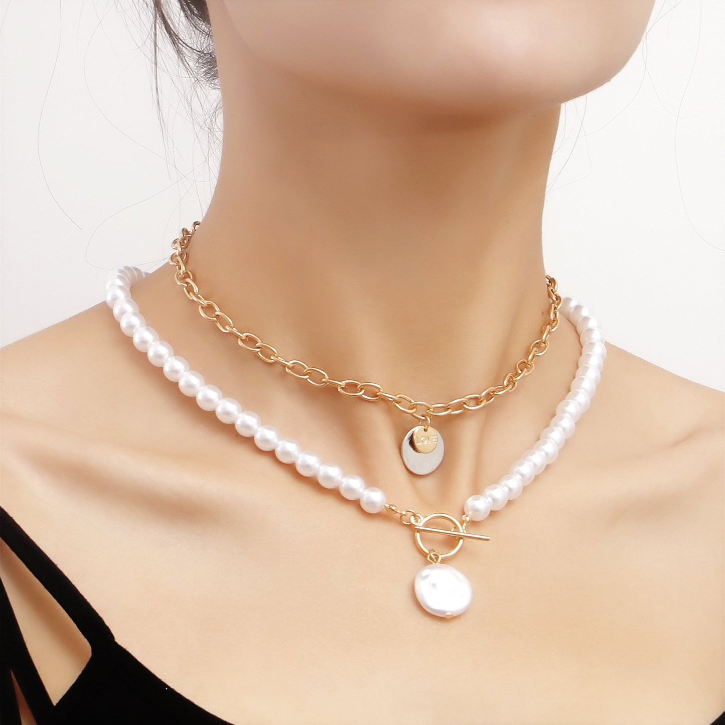 Jewelry Geometric Disc Imitation Baroque Pearl Double Layer Necklace Female Simple Versatile Bead Necklace