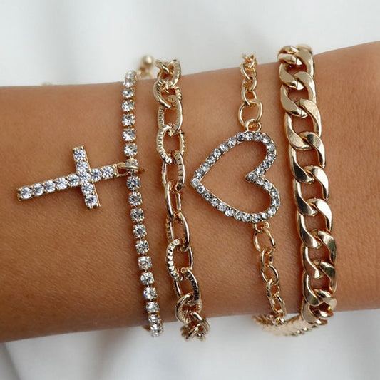 B1958 Jewelry Personality Stacked Cross Love Bracelet Creative Rhinestone Cuban Chain Bracelet Female