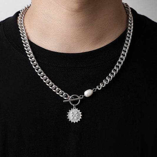 Men's trendy men's pearl coin arrow OT buckle necklace hip-hop punk clavicle chain necklace