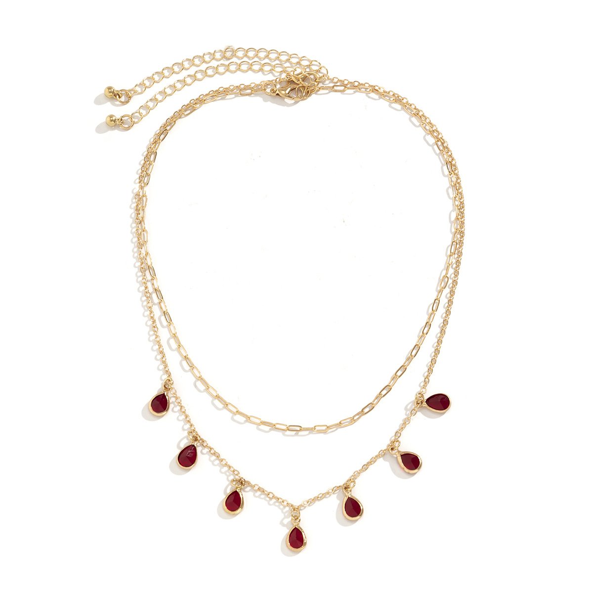 Jewelry Retro Design Water Drop Ruby Rhinestone Necklace Temperament Cross Chain Stacked Necklace