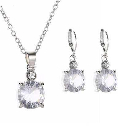 Fashion Temperament Banquet Bridal Jewelry Round Crystal Zircon Earrings Necklace Set Decoration Set