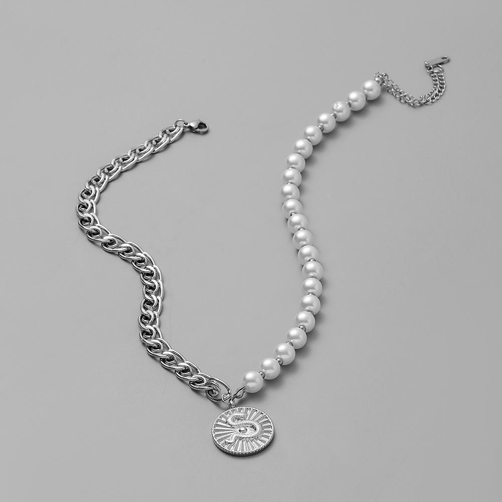 Punk Hip-hop Men's Stainless Steel Stitching Pearl Necklace Coin Snake Pendant Versatile Fashion Necklace