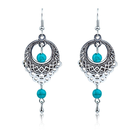 Fashion Retro Ethnic Hollow Out Turquoise Drop Earrings Bohemian Tassel Stud Earrings Jewelry