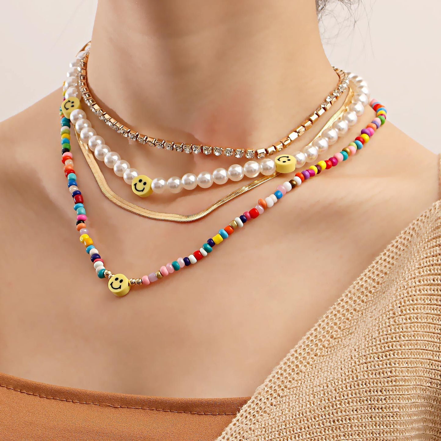 Jewelry Trend Imitation Baroque Pearl Smile Necklace Female Simple Cold Diamond Clavicle Chain Accessories