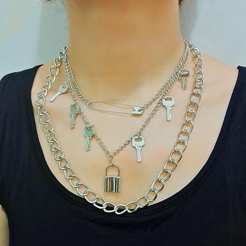 Hip Hop Punk Trend Pin Necklace Fashion Retro Multi-layer Key Lock Necklace Women