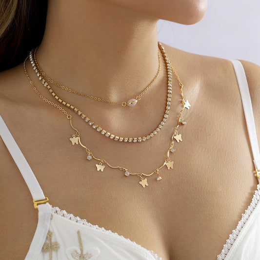 Jewelry Niche Butterfly Rhinestone Tassel Multi-layer Necklace Simple Diamond-studded Imitation Pearl Necklace Women