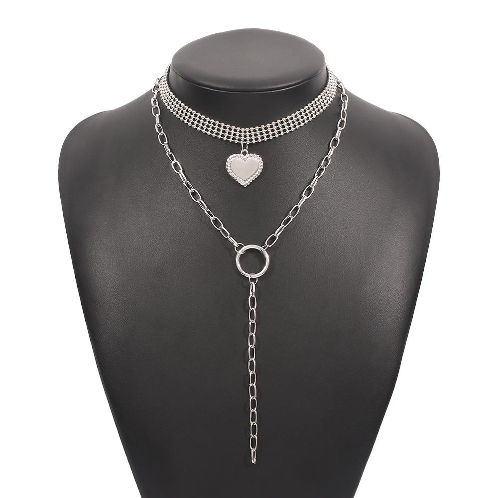 N9311 Exaggerated Personality Street Shot Back Chain Trendy Cool Ring Heart Necklace Geometric Alloy Double Layer Necklace Female