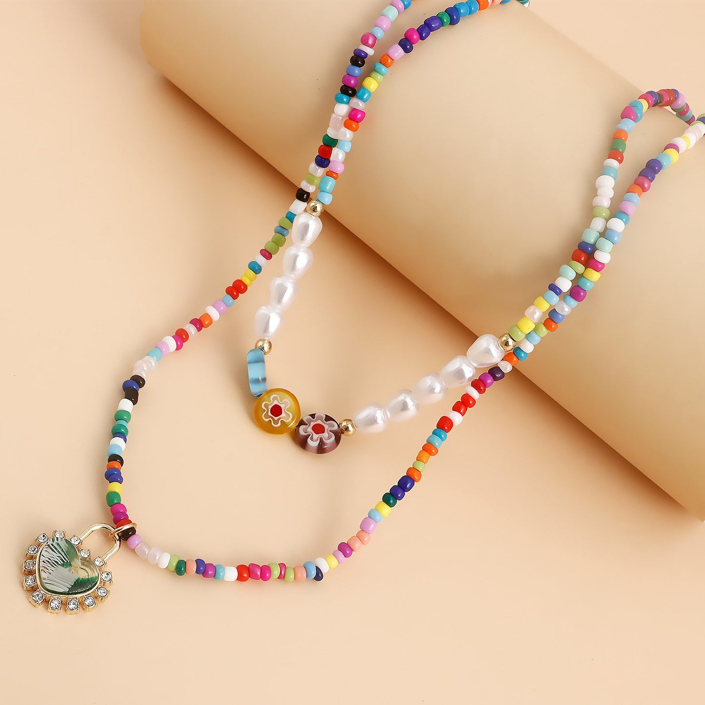 Jewelry Bohemian color rice beads glass flower love lock pendant necklace female necklace