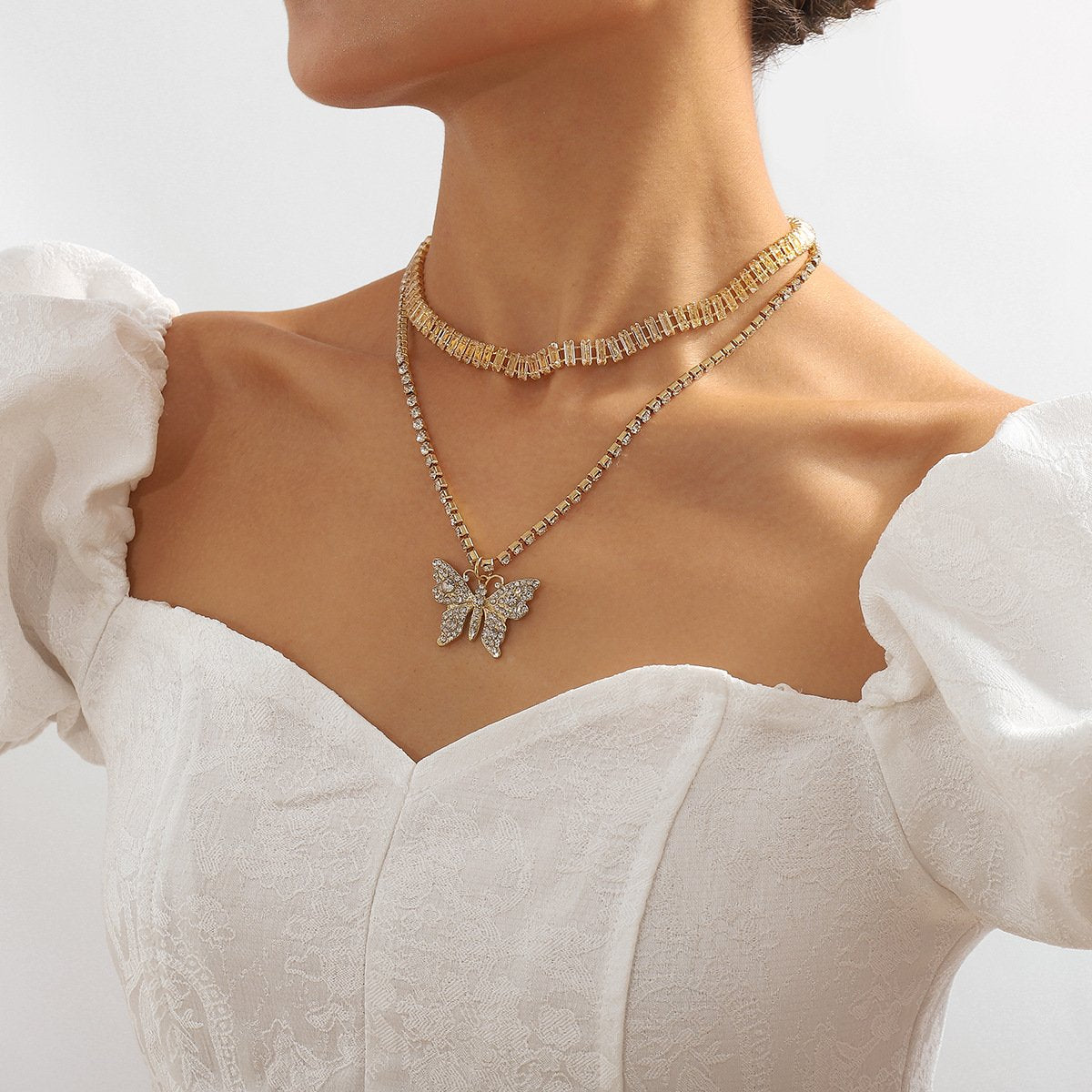 N1888 Sweet Small Fashion Necklace Butterfly Full Diamond Temperament Elegant Retro Double Layer Necklace